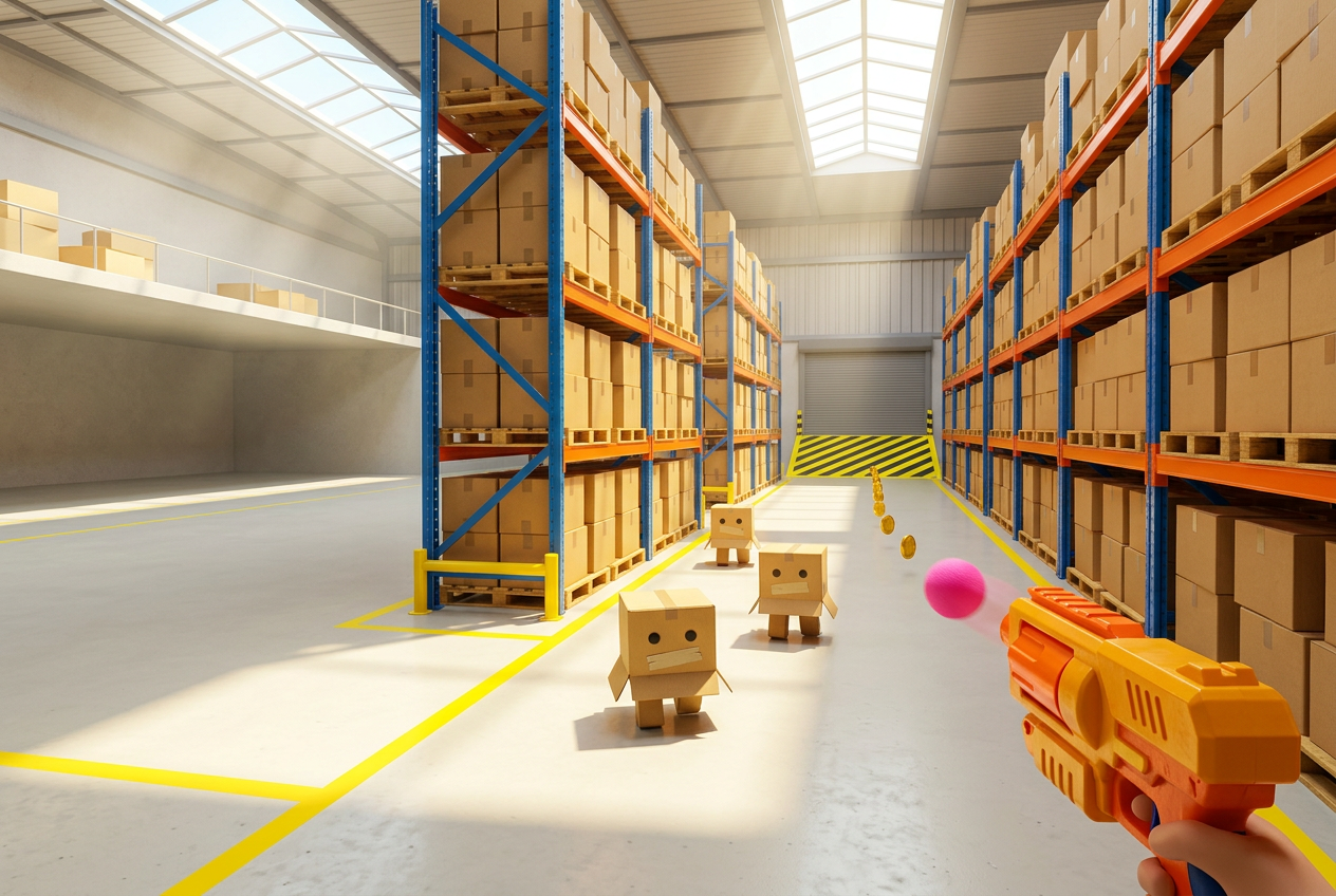 A sunlit warehouse aisle between orange pallet racks, with cardboard Boxbots waddling toward a foam blaster